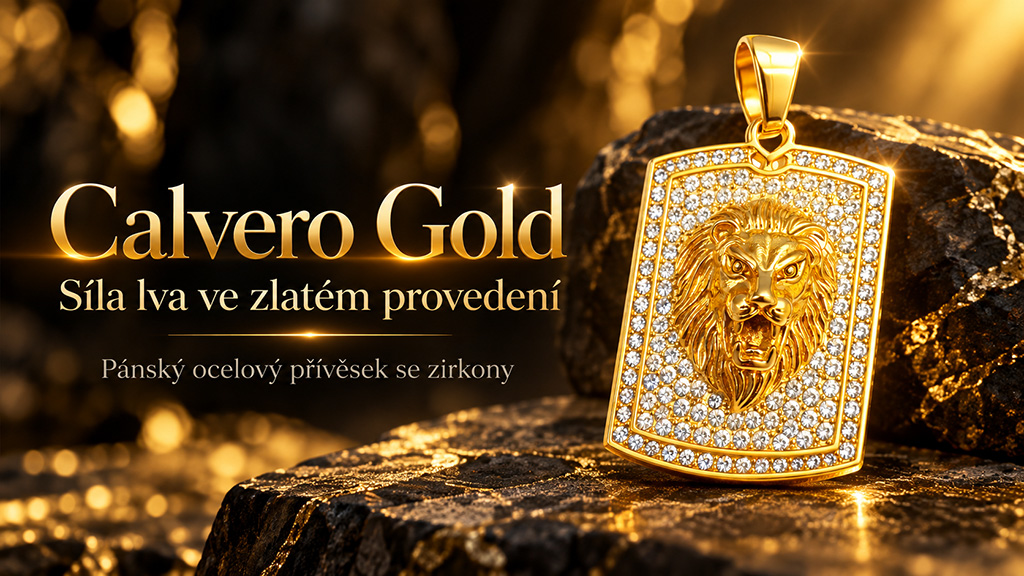 Pánský ocelový přívěsek Calvero Gold s motivem lva a zirkony 1